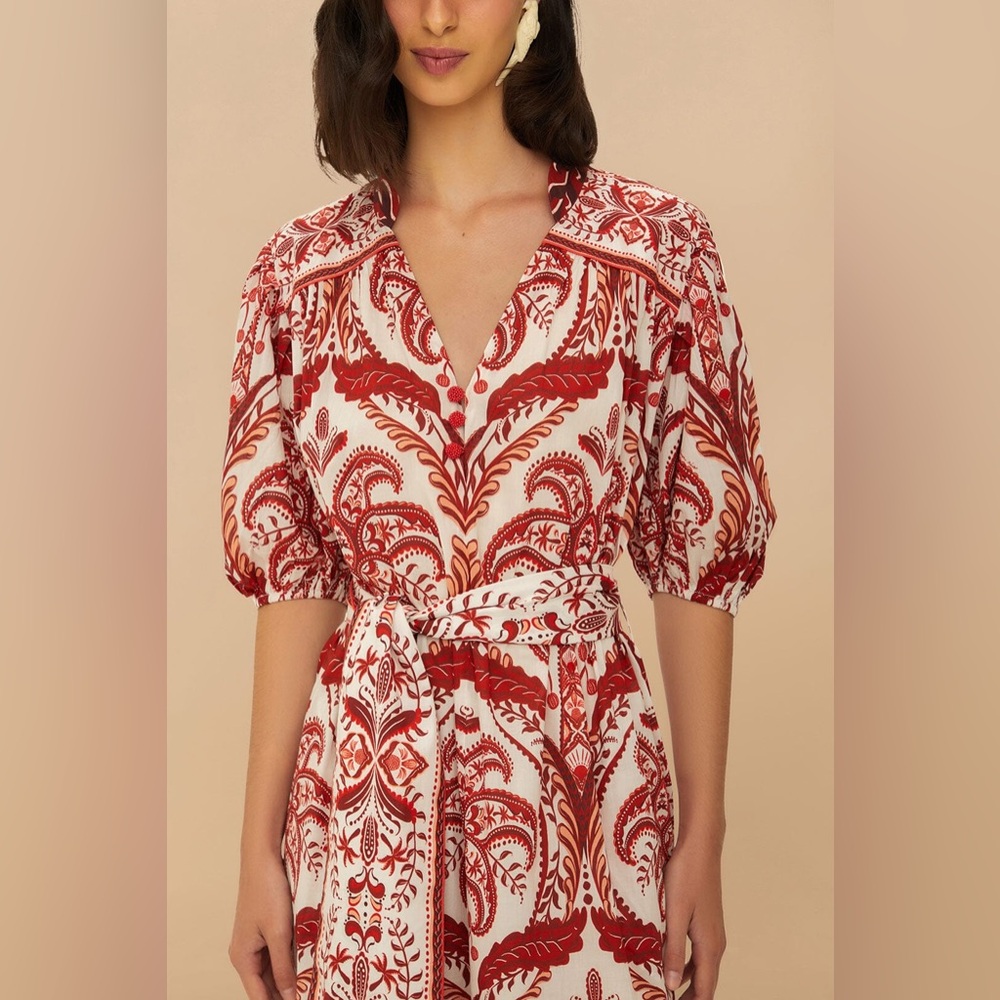 Farm Rio Red and White puff sleeve Maxi Dress Off-White Floral Cascade NWT XS 2